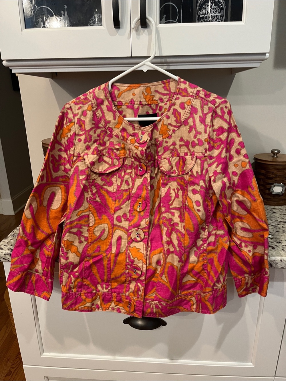 Focus 2000 Pink and Orange Patterned Button-Front Jean Jacket